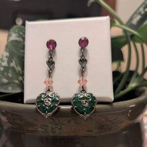 Green and Pink Heart Drop Earrings